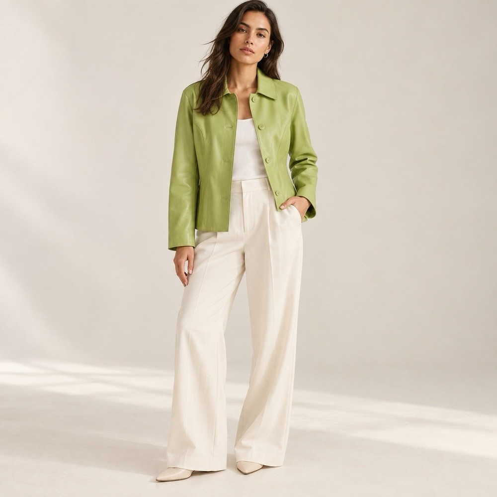LANE BRYANT Women's GENUINE LEATHER Jacket 14/16 Blazer Lime Green Lined